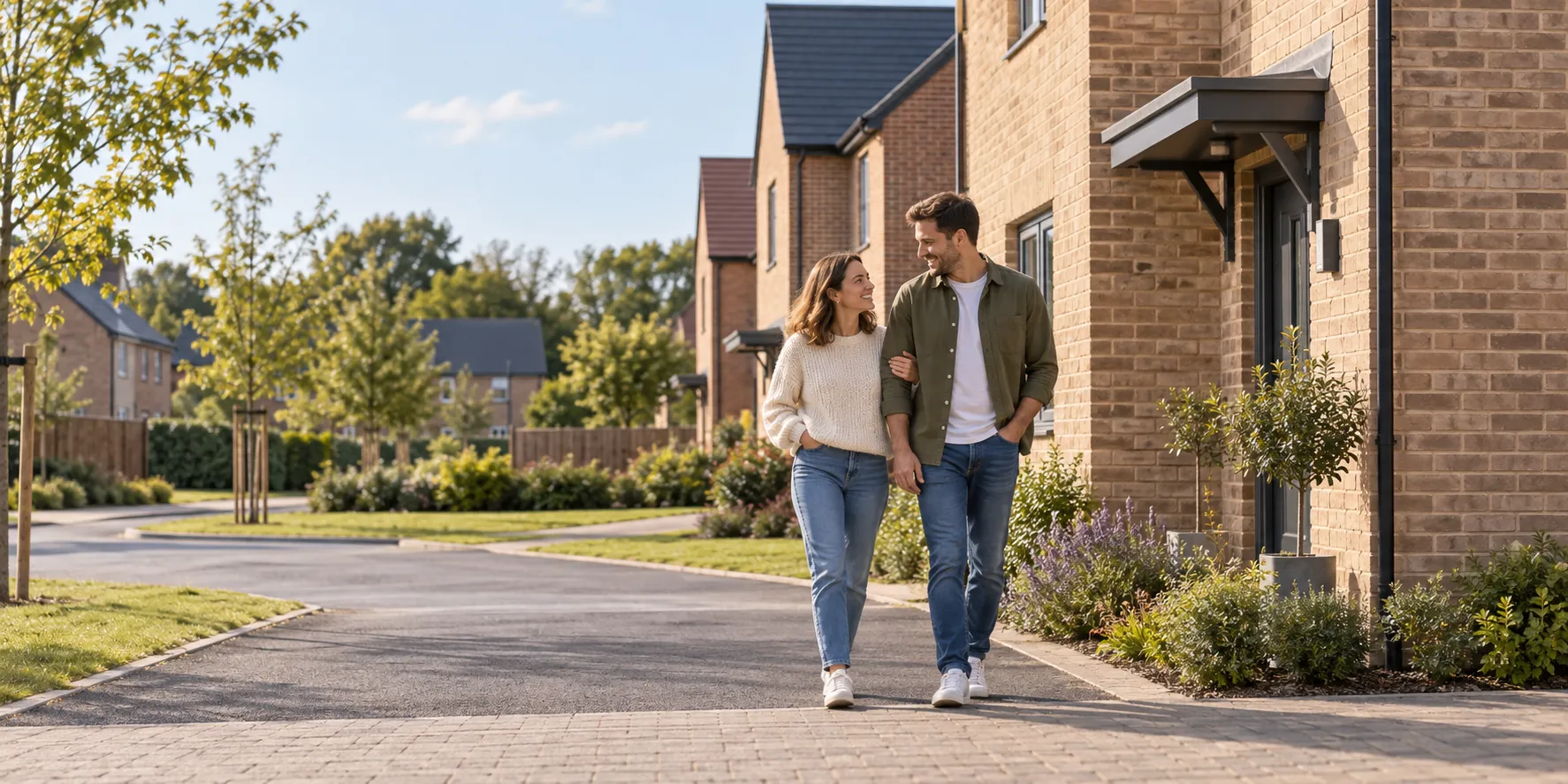A couple walking together outside new-build homes